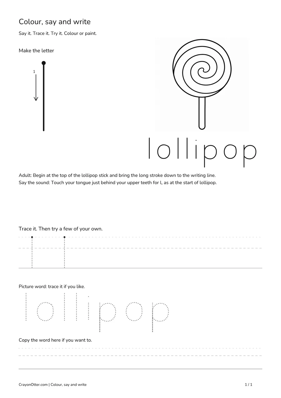 Lowercase l worksheet with a lollipop picture, movement model, tracing and writing guides.
