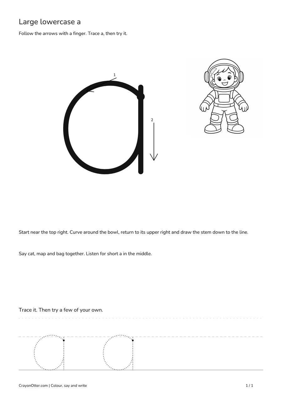 Large lowercase a movement beside an astronaut picture and writing guides.
