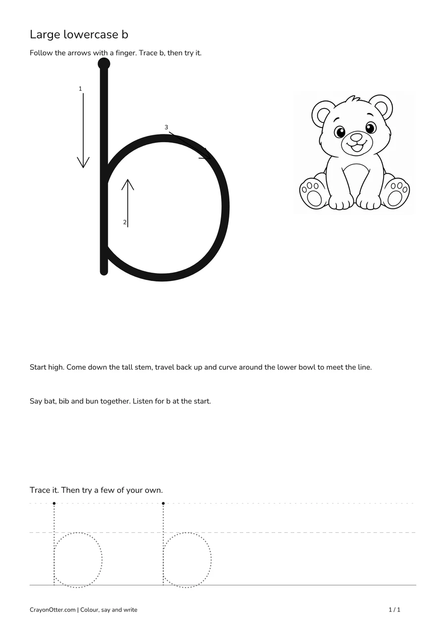 A bear beside a large lowercase b path with arrows and space for tracing.