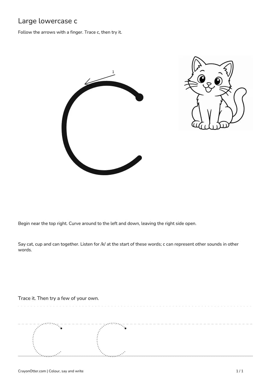 Cat beside a large open lowercase c path and blank writing guides.