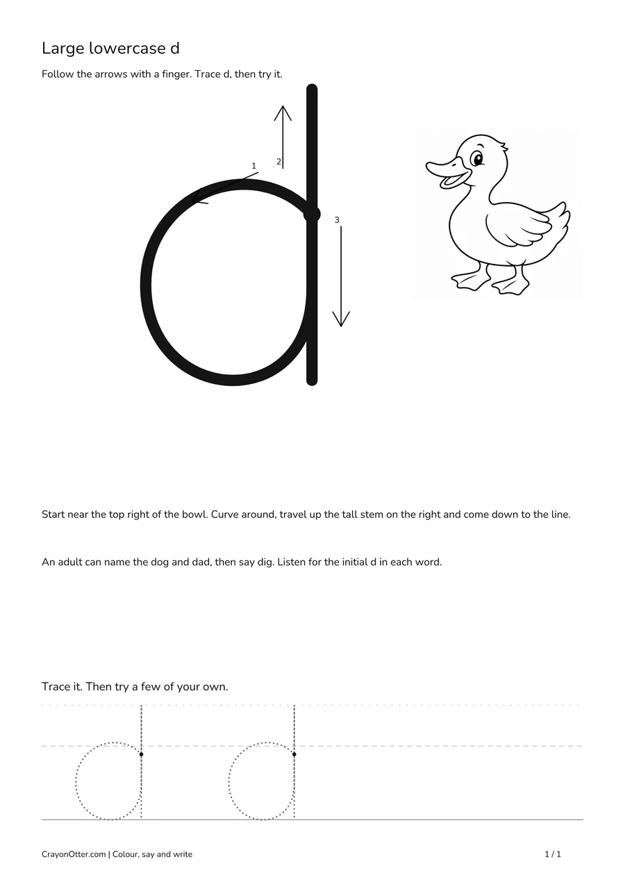 Duck beside a large lowercase d bowl and tall stem, with arrows and tracing guides.