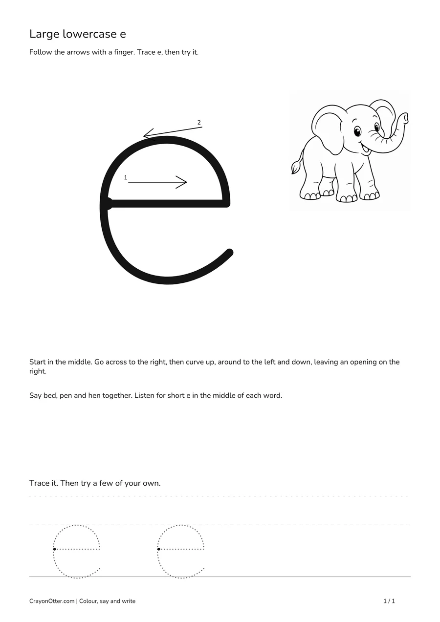 Elephant beside a large lowercase e loop with a start point, arrows and tracing guides.