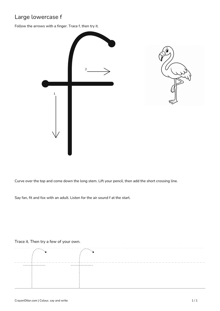 Flamingo beside a tall lowercase f curve and crossbar with arrows and guided tracing.