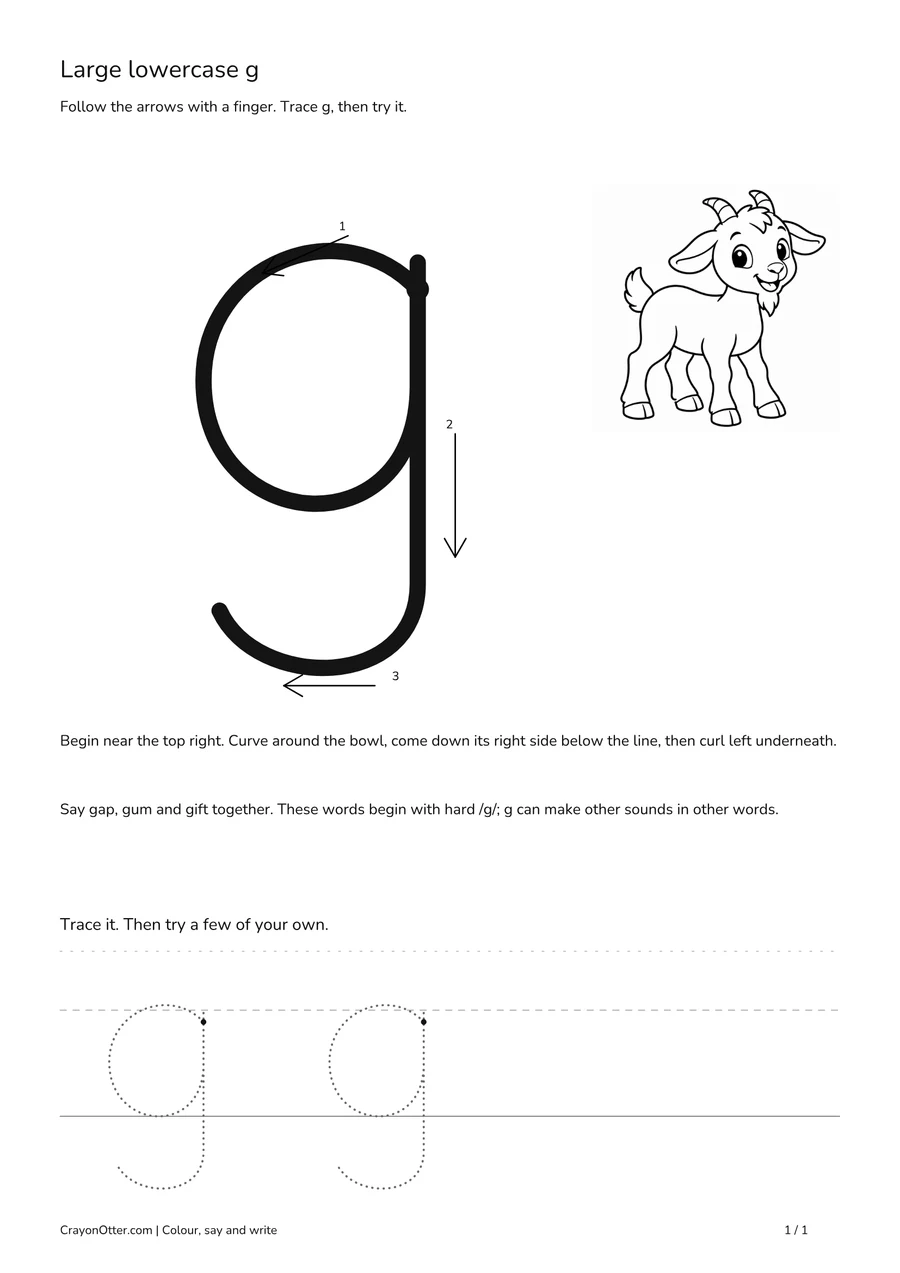 Goat beside a single-storey lowercase g model with arrows, a descending curl and tracing space.