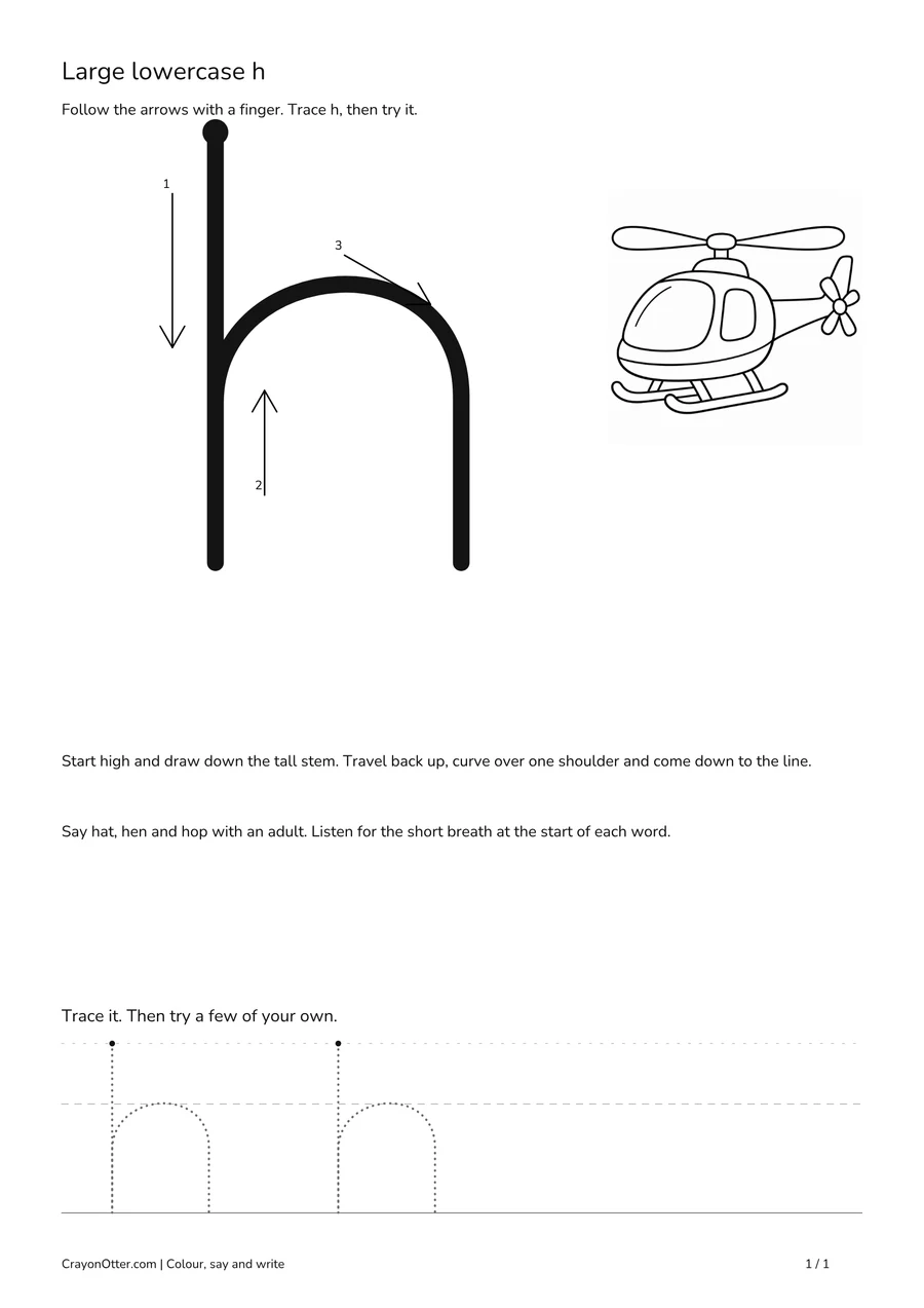 Helicopter beside a tall lowercase h stem and shoulder, with movement arrows and tracing space.