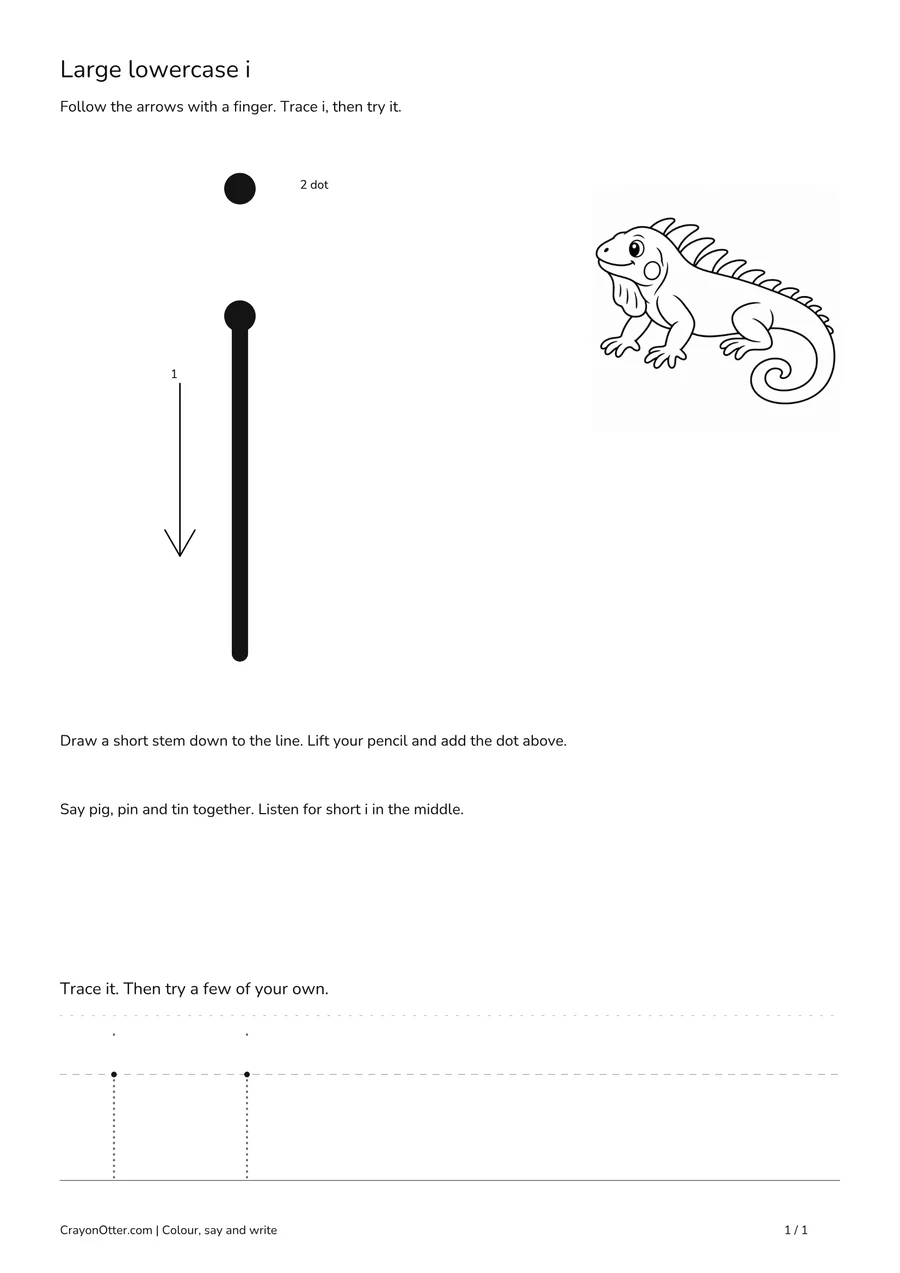 Large lowercase i movement beside an iguana picture and writing guides.