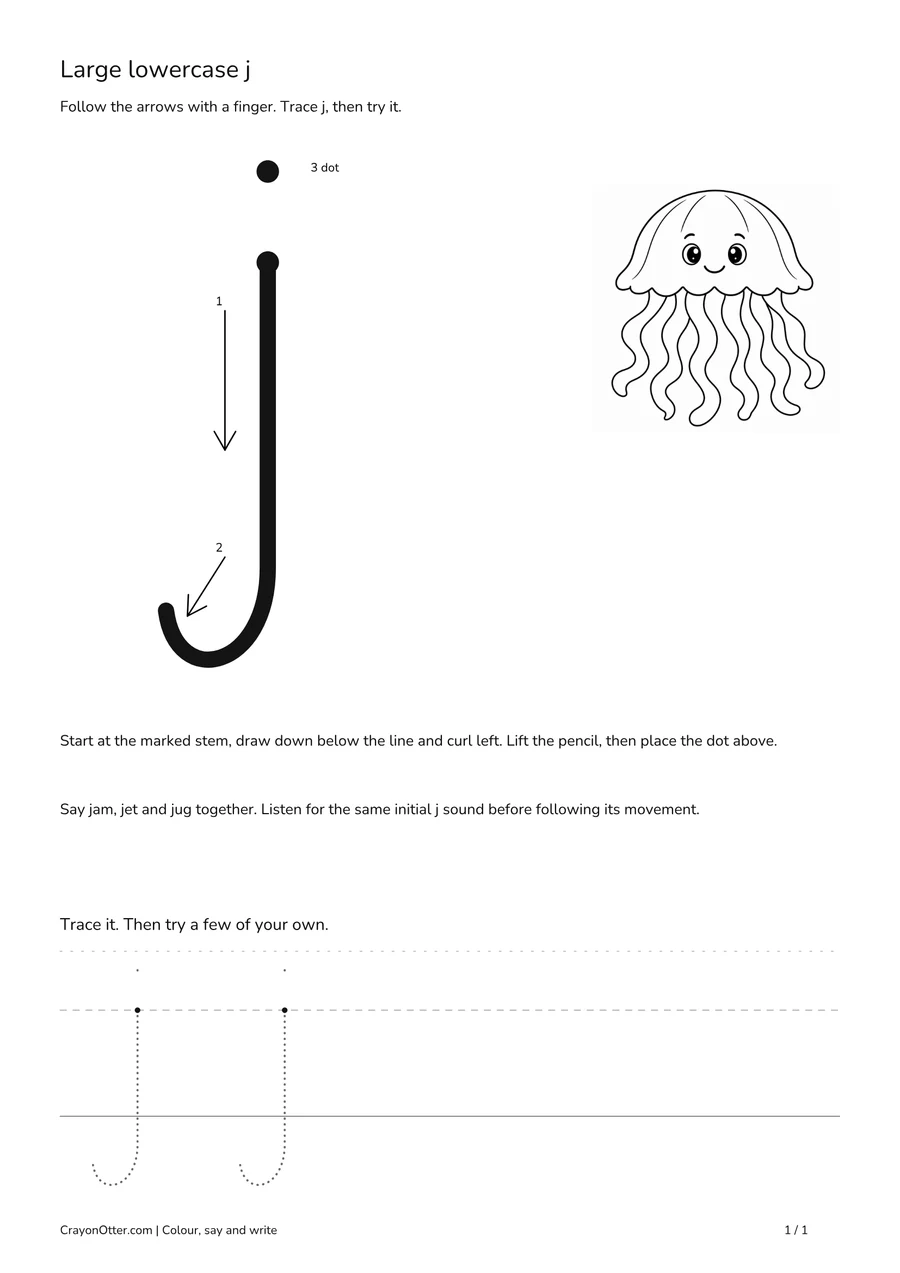 Jellyfish beside a large lowercase j stem, descending hook and separate dot, with tracing guides.