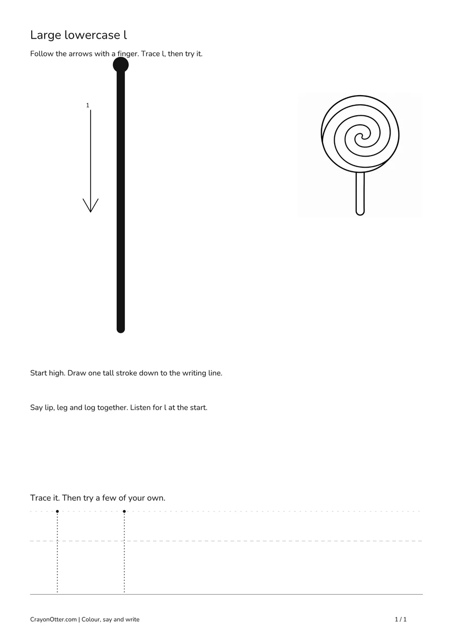 Large lowercase l movement beside a lollipop picture and writing guides.