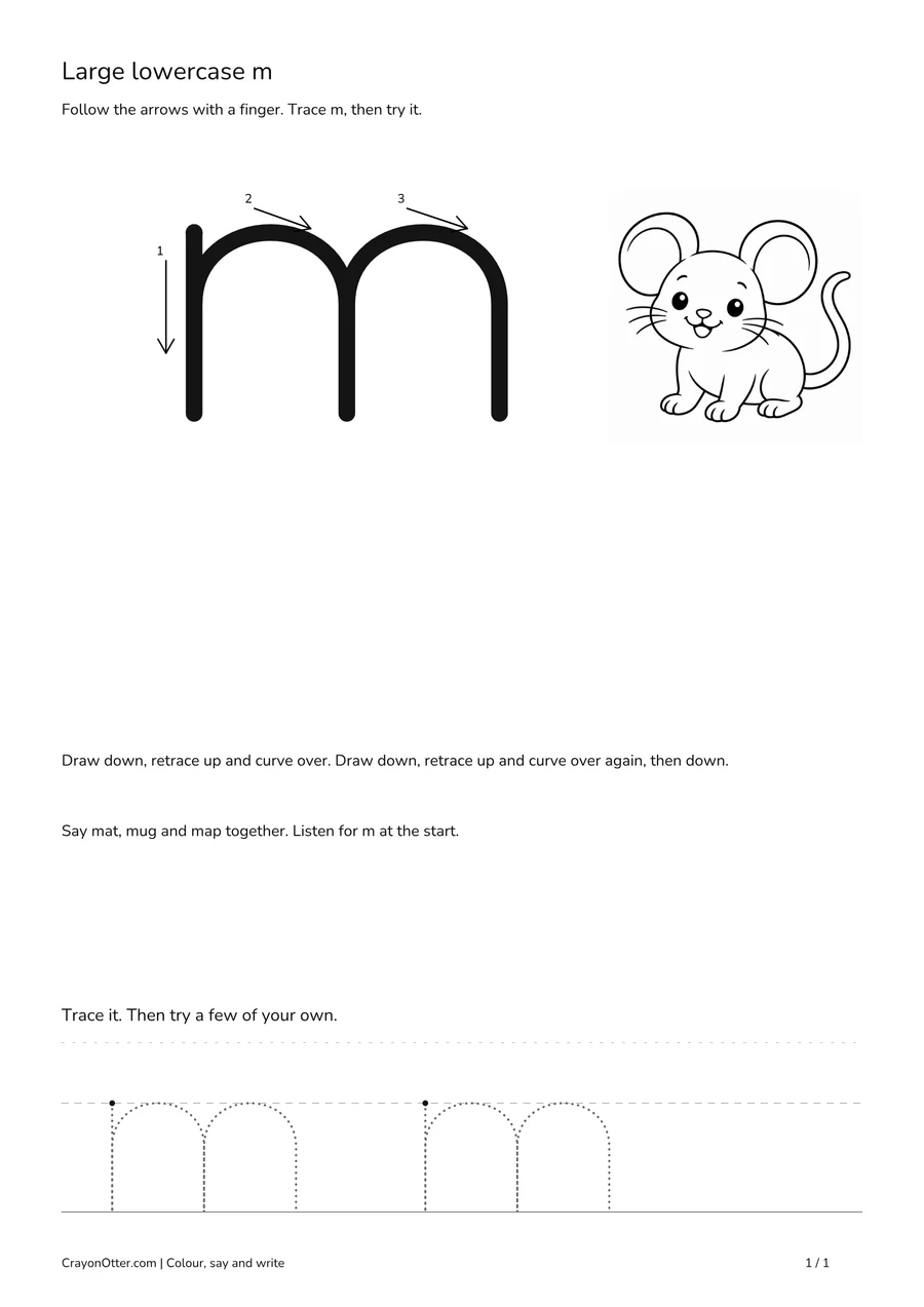 Large lowercase m movement beside a mouse picture and writing guides.