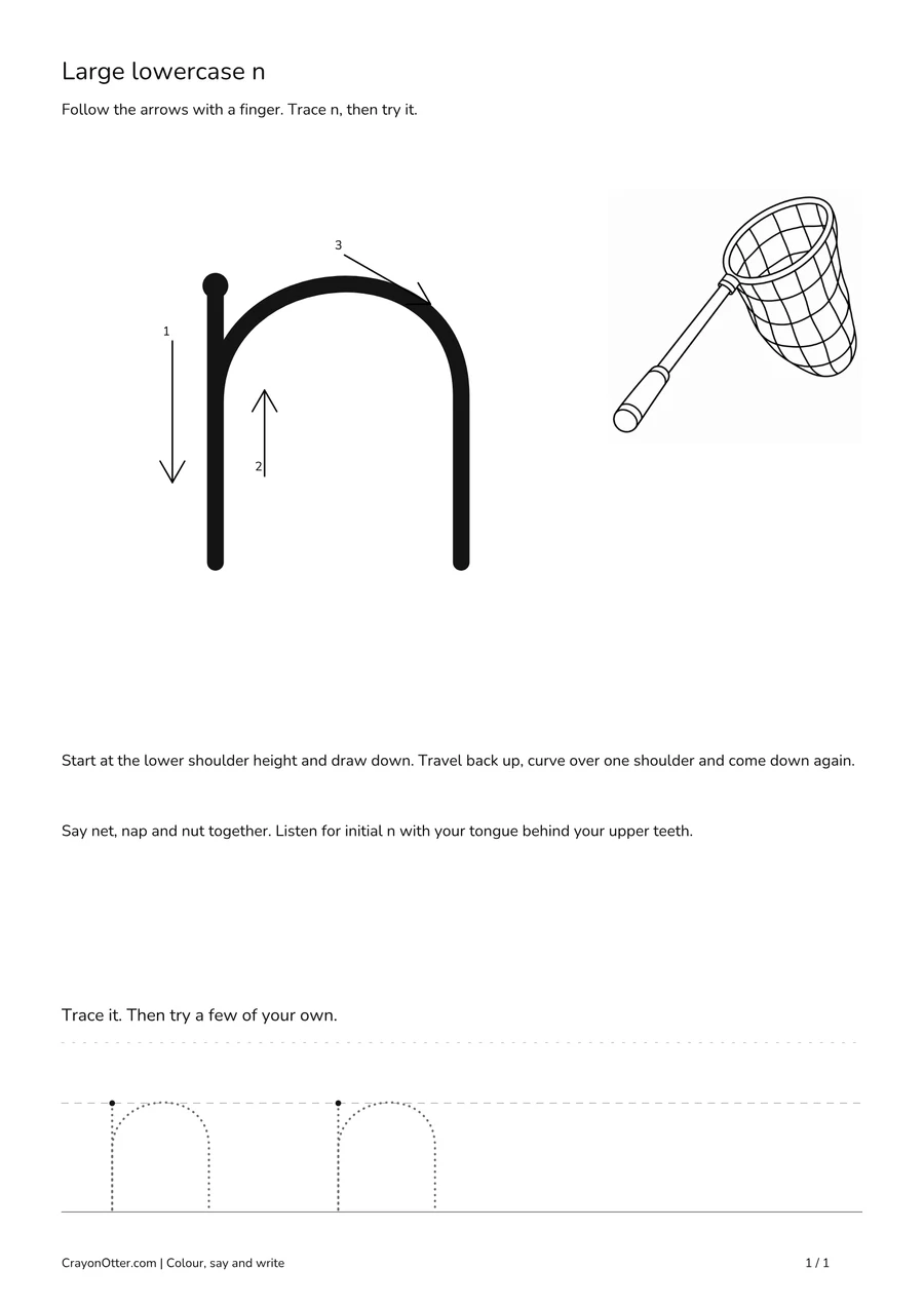 Net beside a lowercase n model showing one short shoulder, movement arrows and tracing guides.