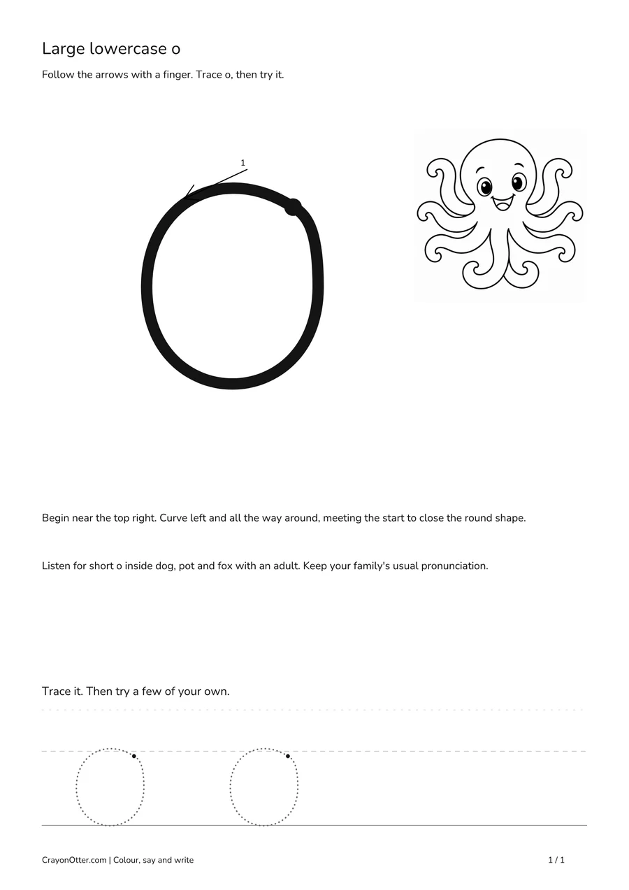 Octopus beside a large closed lowercase o curve with a start point, arrows and tracing guides.