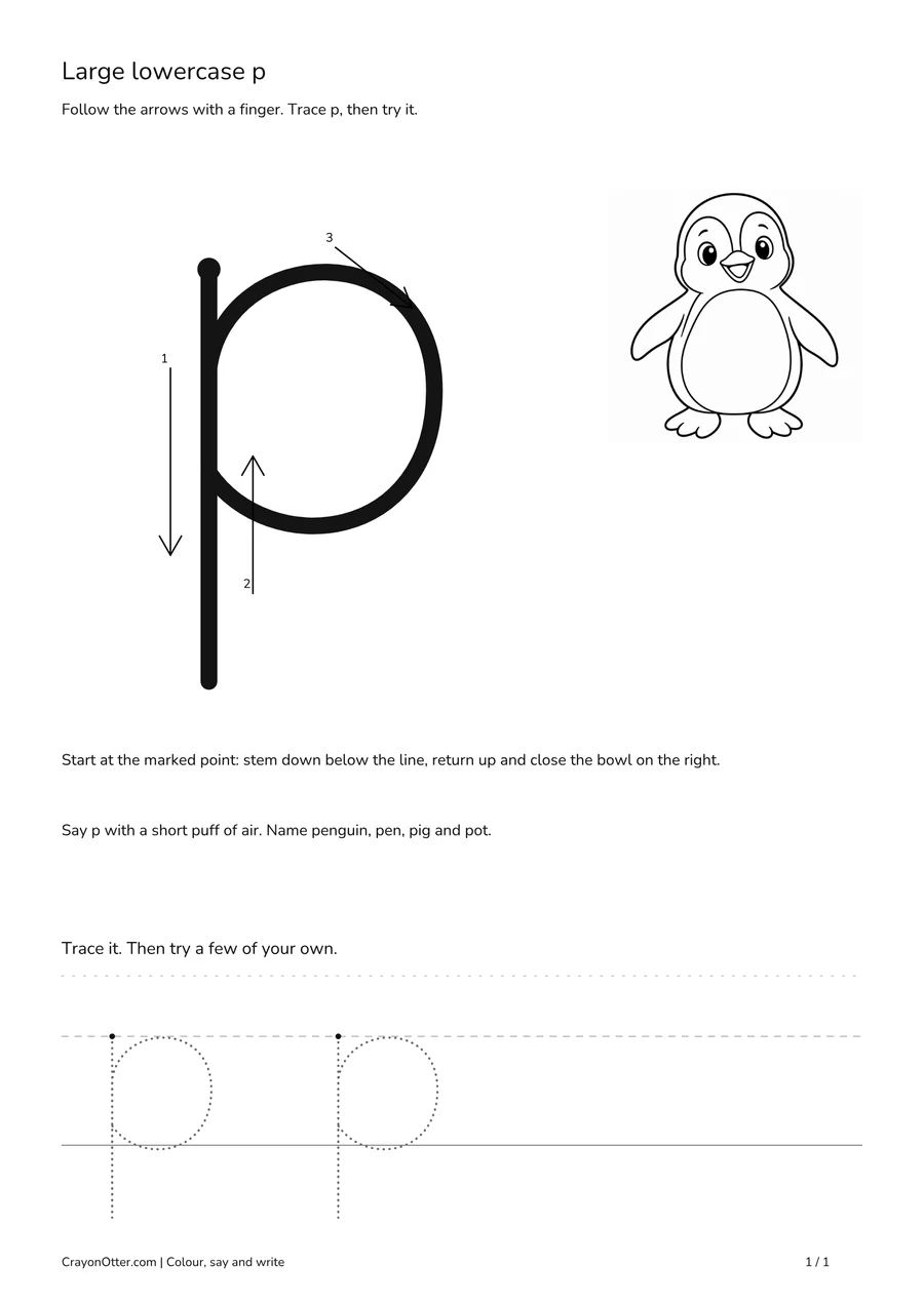 Penguin beside a broad lowercase p with a long descending stem, arrows and tracing guides.