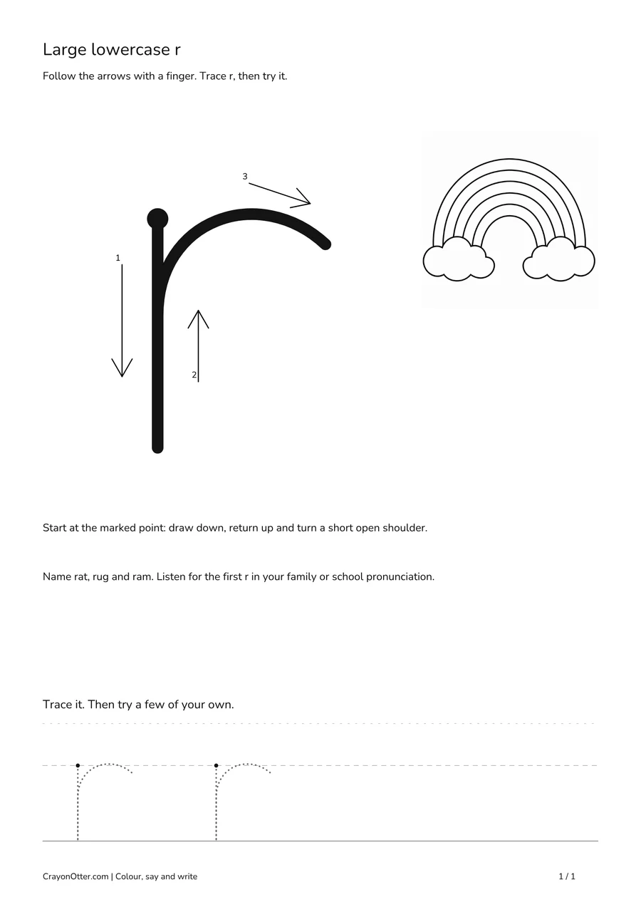 Rainbow beside a large lowercase r stem and open shoulder, with arrows and writing guides.