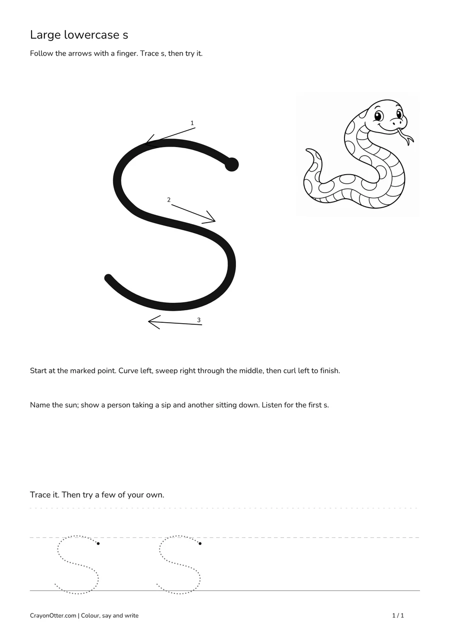 Snake beside a broad lowercase s path with three movement arrows and tracing guides.