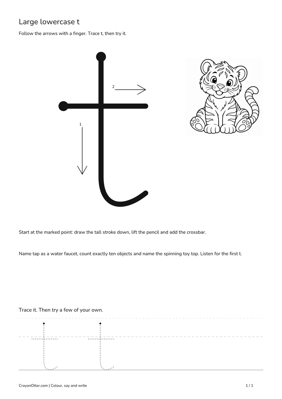 Tiger beside a tall lowercase t downstroke and separate crossbar with tracing guides.