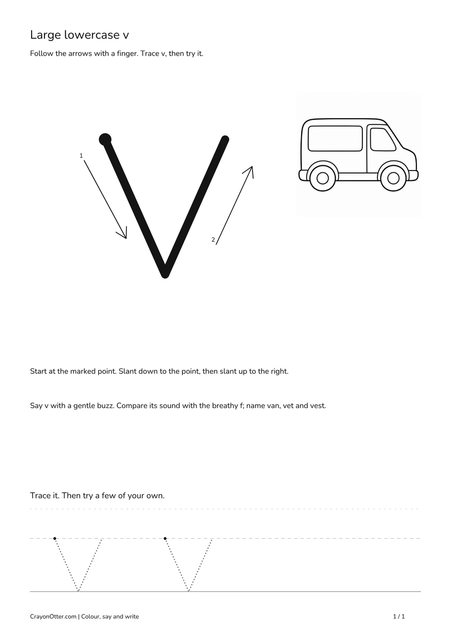 Van beside two large lowercase v slants meeting at a point, with tracing guides.
