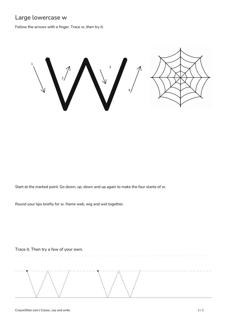 Web beside four connected lowercase w slants, movement arrows and tracing guides.
