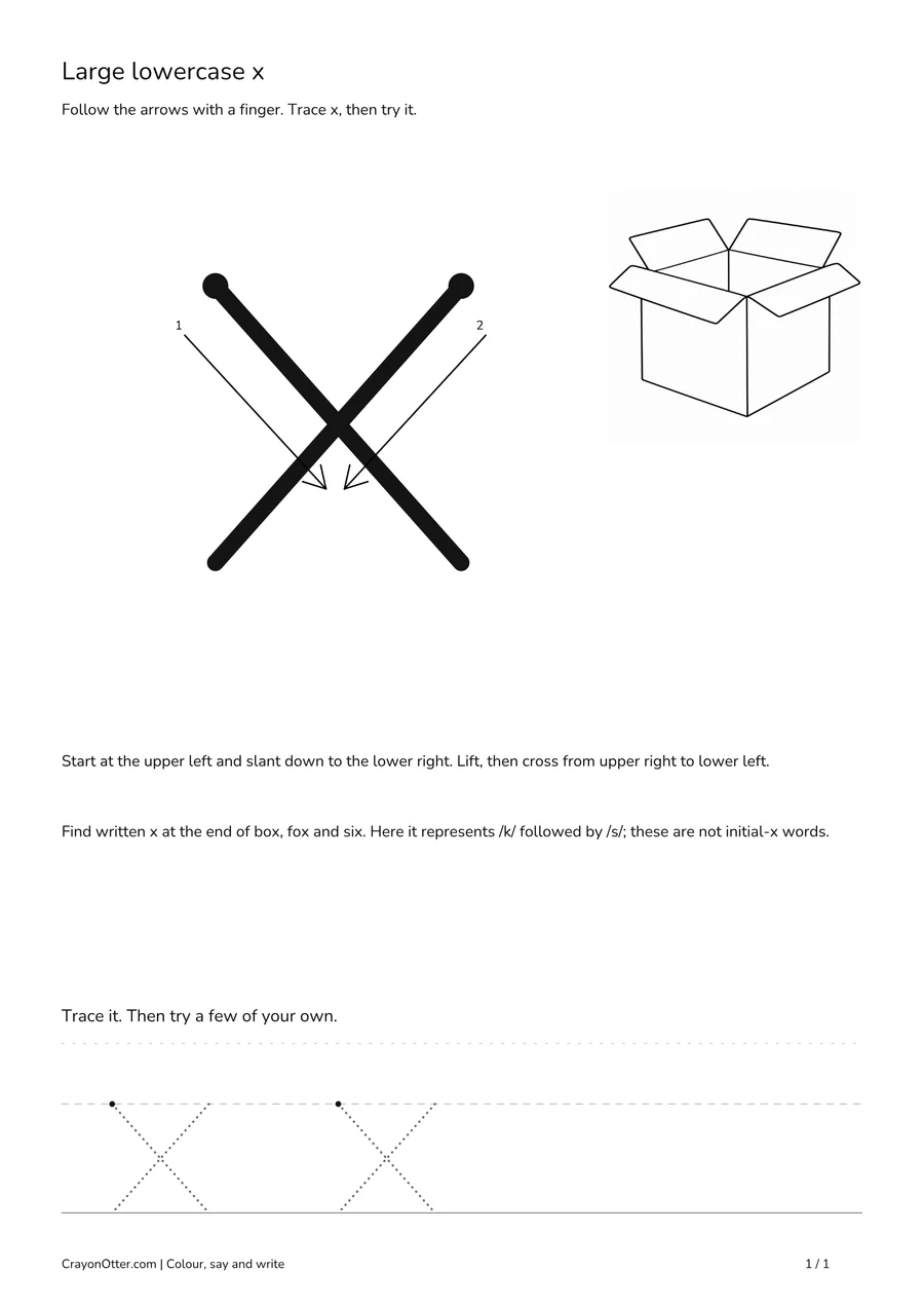 Box beside two crossing lowercase x slants, movement arrows and tracing guides.