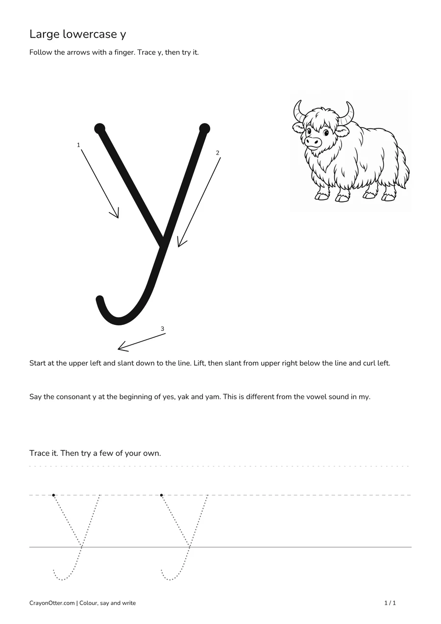 Yak beside two lowercase y branches and a descending curl, with tracing guides.