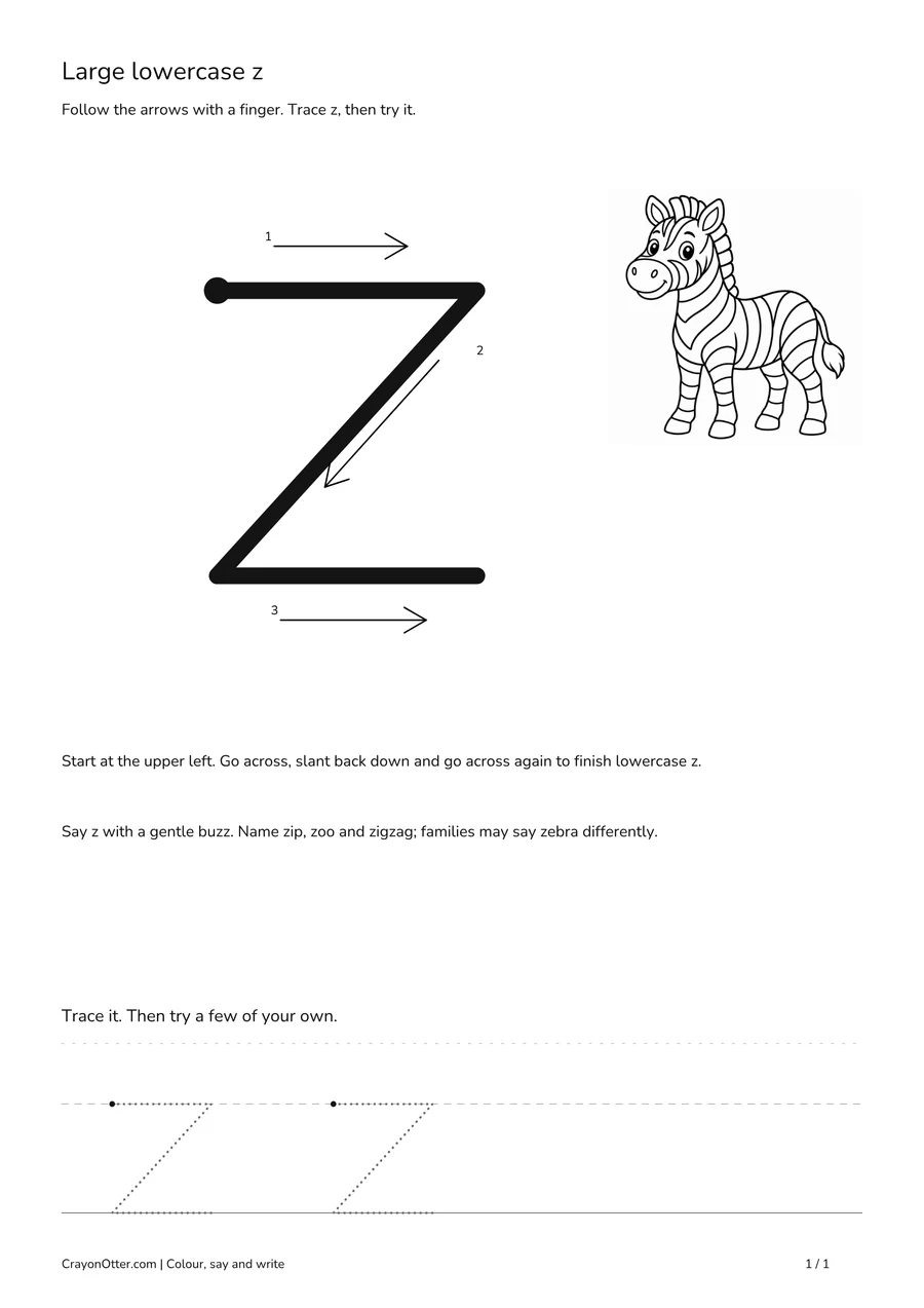 Zebra beside a lowercase z model with two horizontal bars and a diagonal stroke.