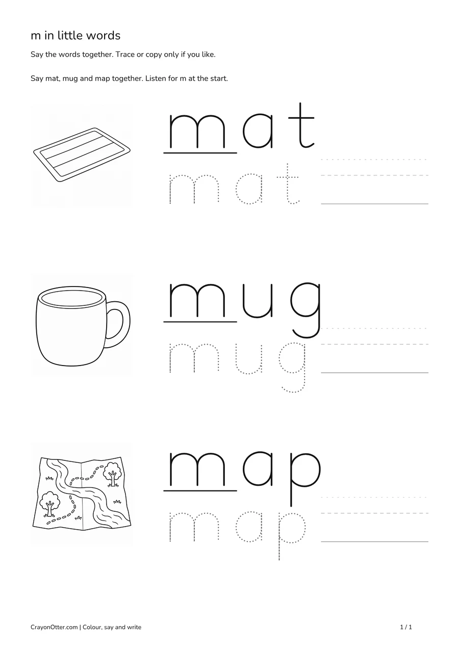 mat, mug, map pictures beside lowercase m word tracing.