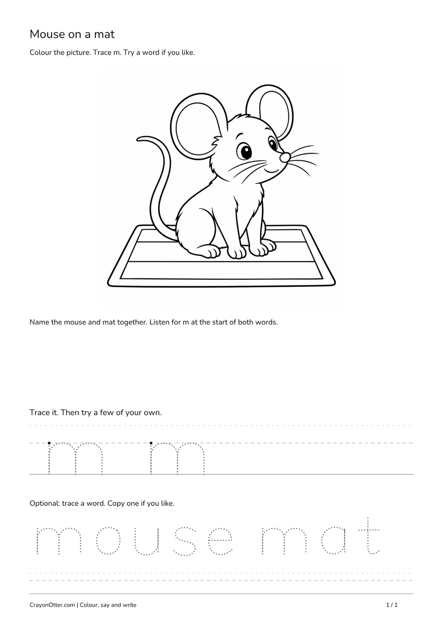 mouse on a mat scene with lowercase m tracing and optional words.
