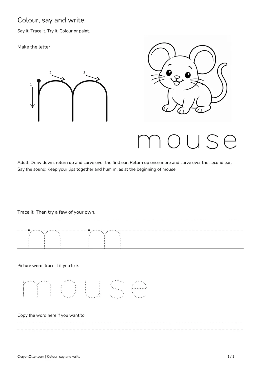 Lowercase m worksheet with a mouse picture, movement model, tracing and writing guides.