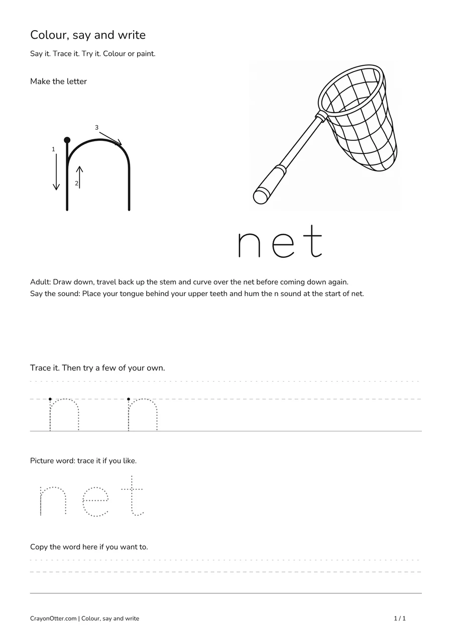 Lowercase n worksheet with a net picture, movement model, tracing and writing guides.
