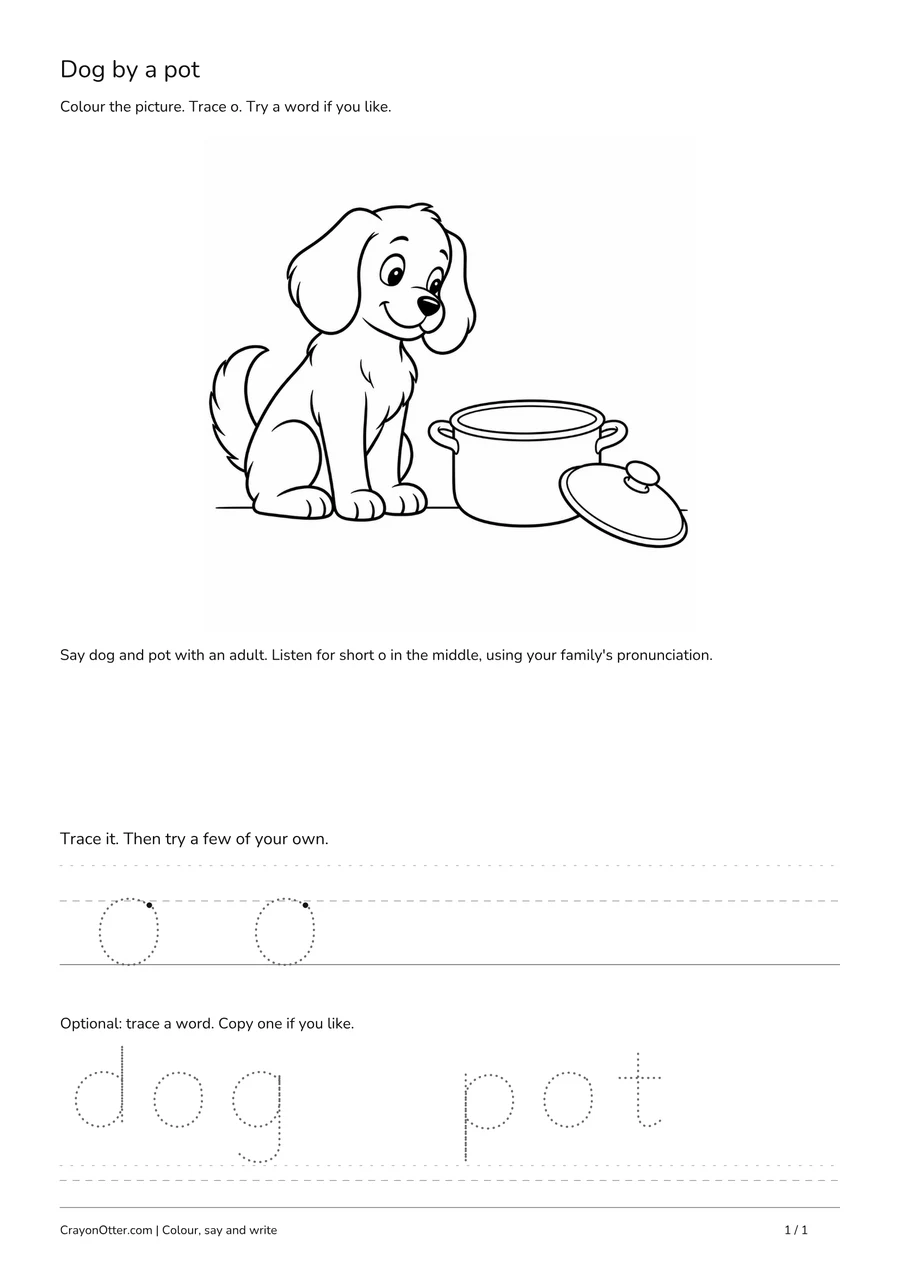 Dog beside a cooking pot with lowercase o practice and optional dog and pot tracing.