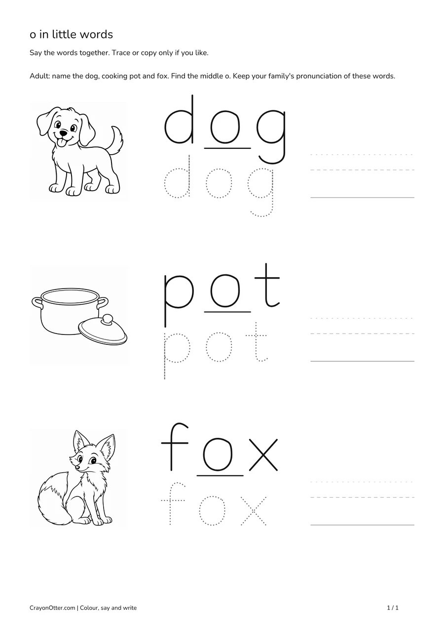 Dog, cooking pot and fox pictures beside words with middle o marked and optional tracing.