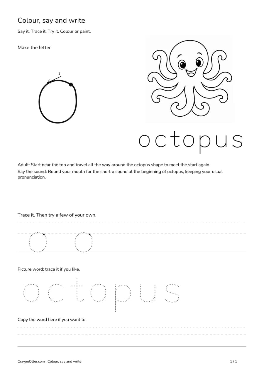 Lowercase o worksheet with an octopus picture, movement model, tracing and writing guides.