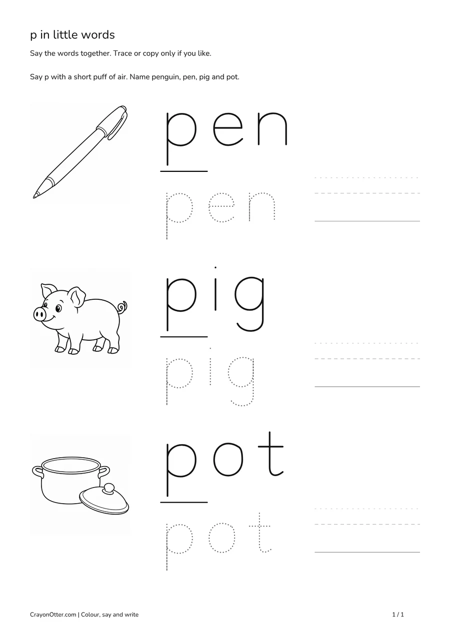 Pen, pig and cooking pot pictures beside initial p word models and optional tracing.