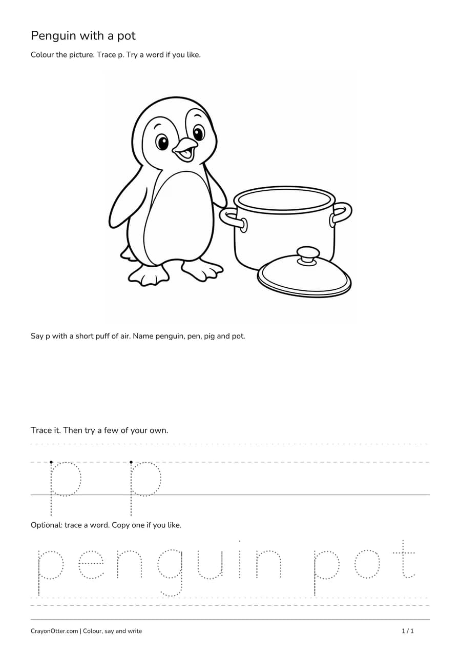 Penguin beside a two-handled cooking pot and lid, with lowercase p practice below.