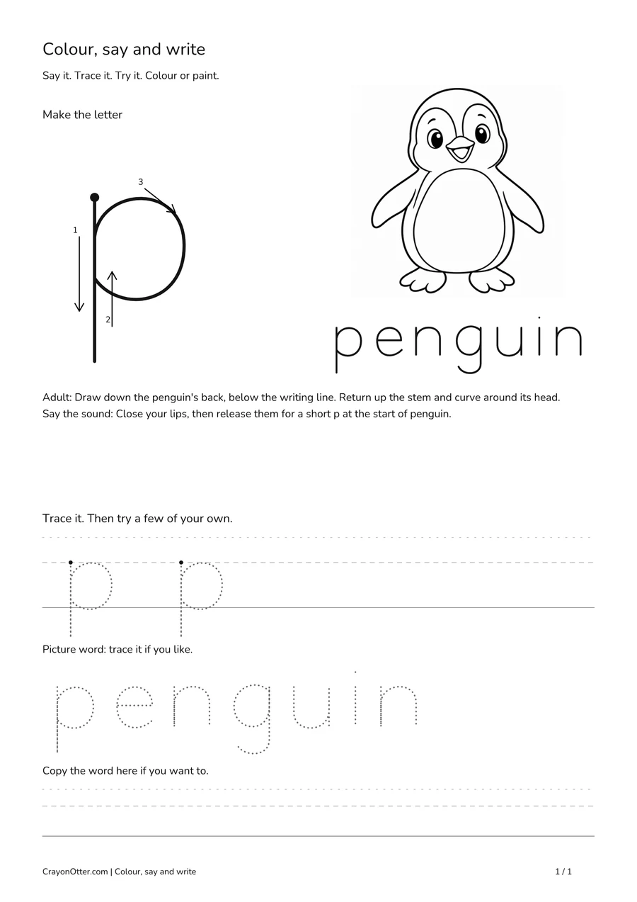 Lowercase p worksheet with a penguin picture, movement model, tracing and writing guides.