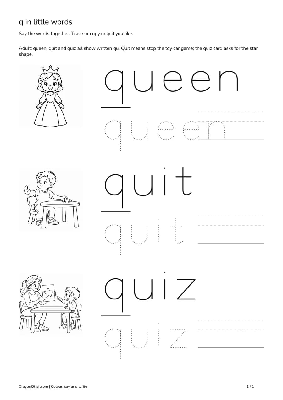 Queen, child stopping a toy car game and star-card quiz pictures beside written qu words.