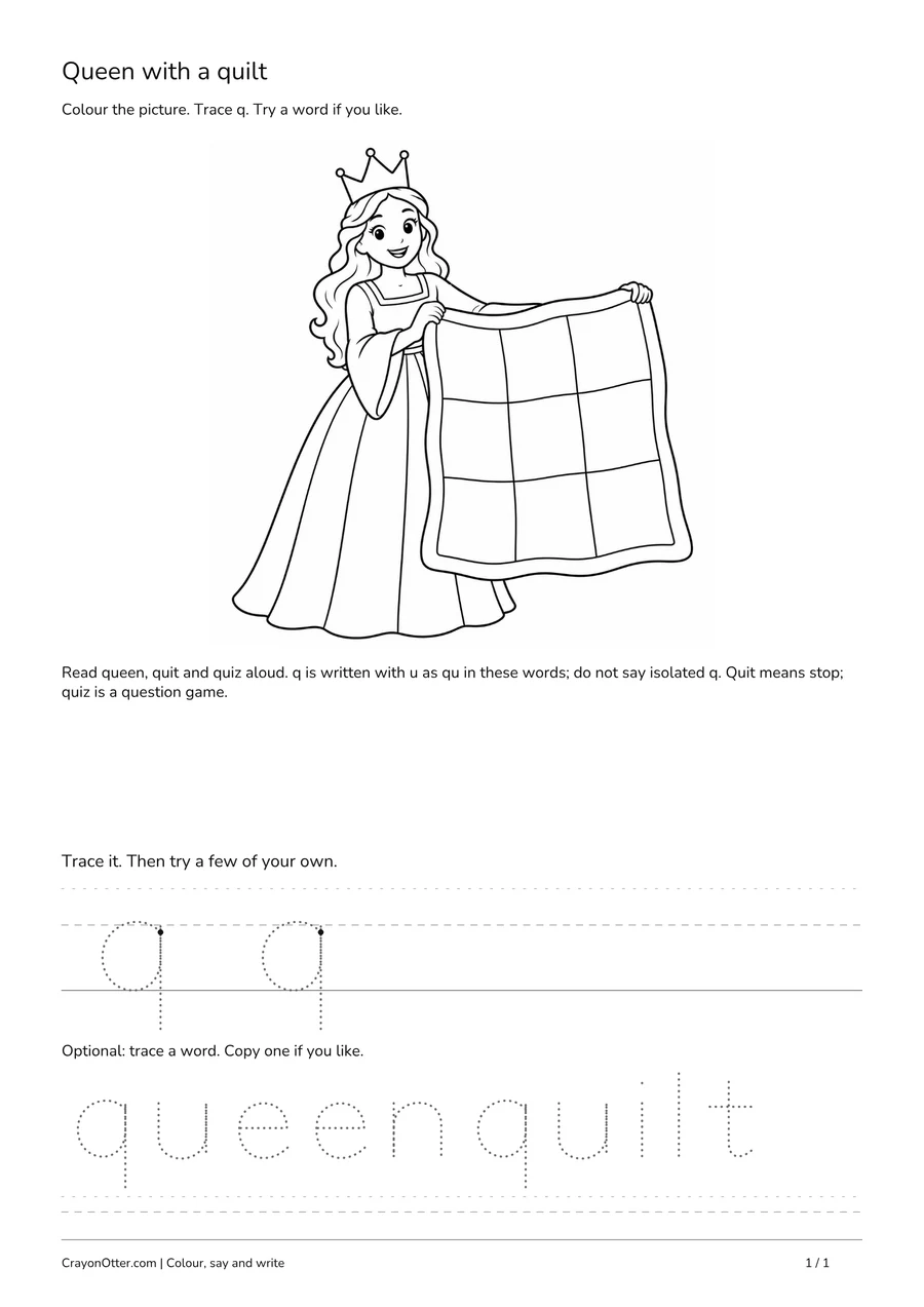 Crowned queen holding a nine-patch quilt beside lowercase q tracing and optional words.