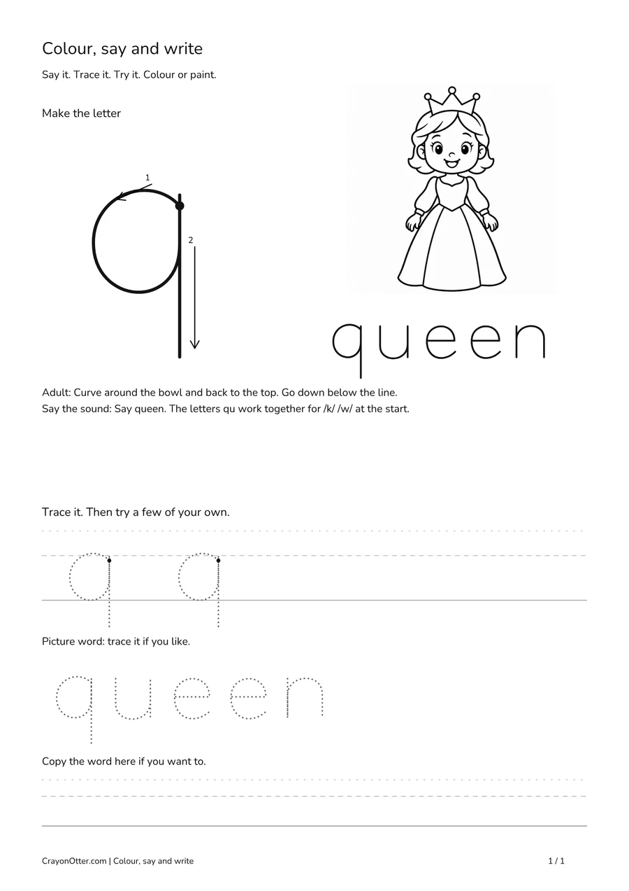 Lowercase q worksheet with a queen picture, movement model, tracing and writing guides.