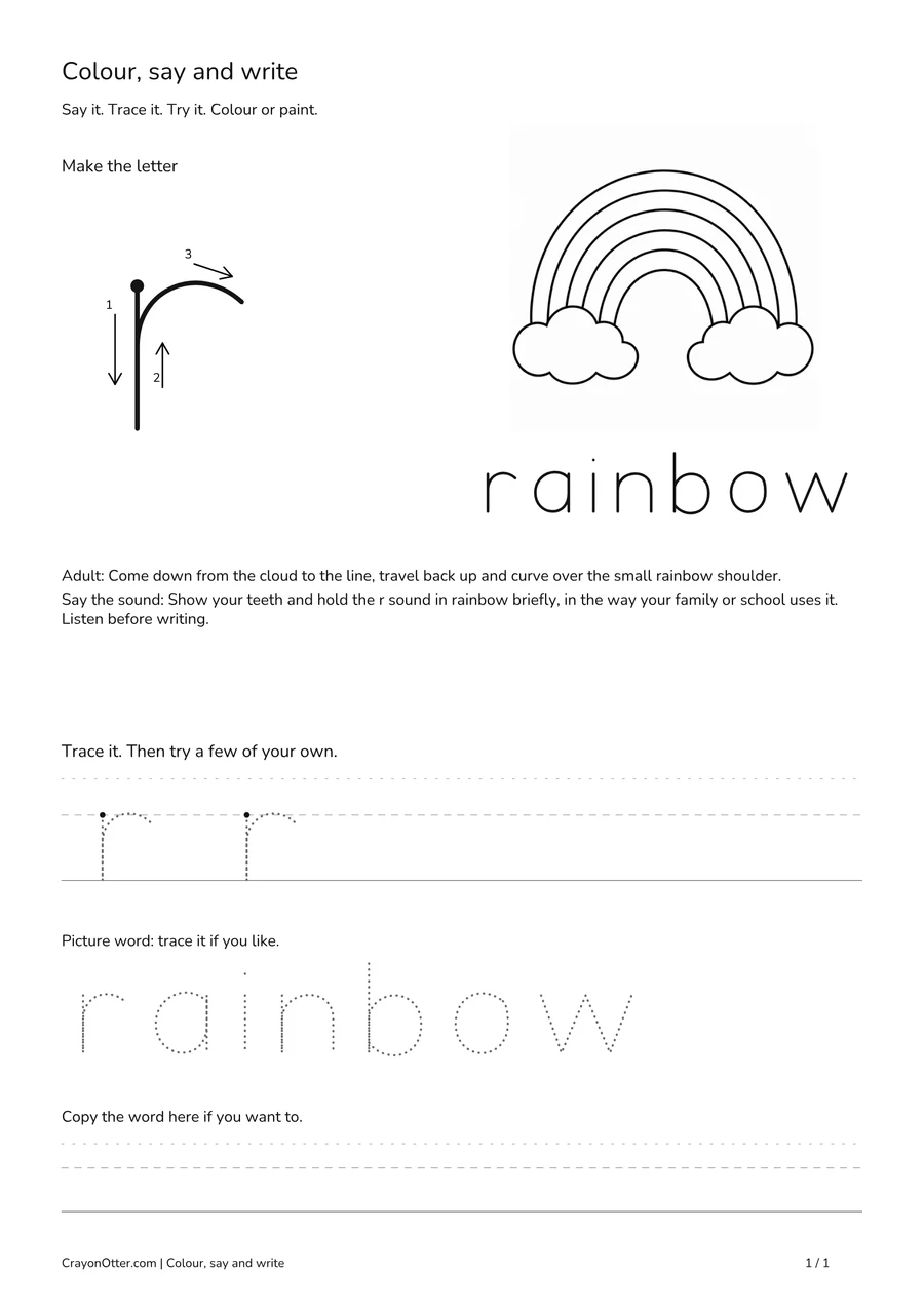 Lowercase r worksheet with a rainbow picture, movement model, tracing and writing guides.