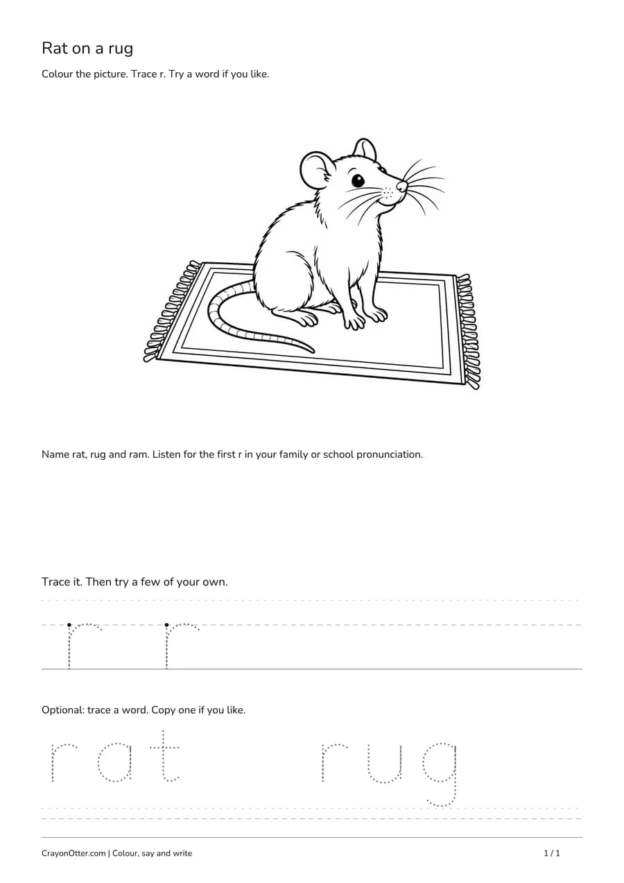 Long-tailed rat sitting on a fringed rug beside lowercase r tracing and optional words.