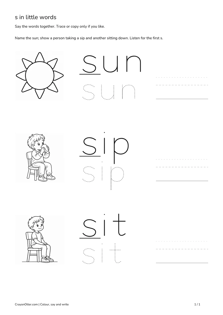 Sun, child sipping from a cup and child seated on a chair beside initial s word models.