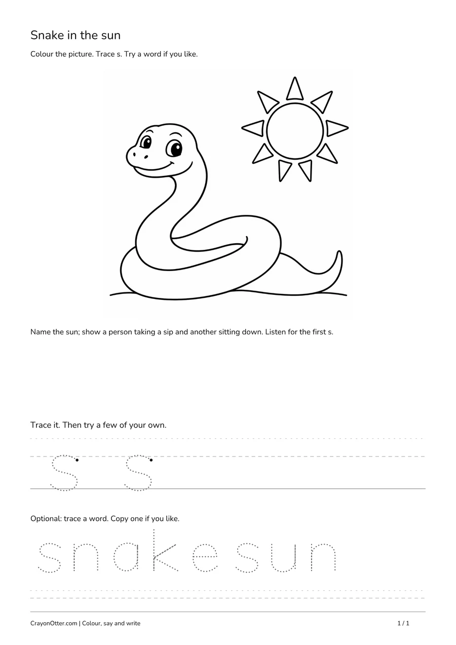 Coiled snake beneath a ray-filled sun beside lowercase s tracing and optional words.