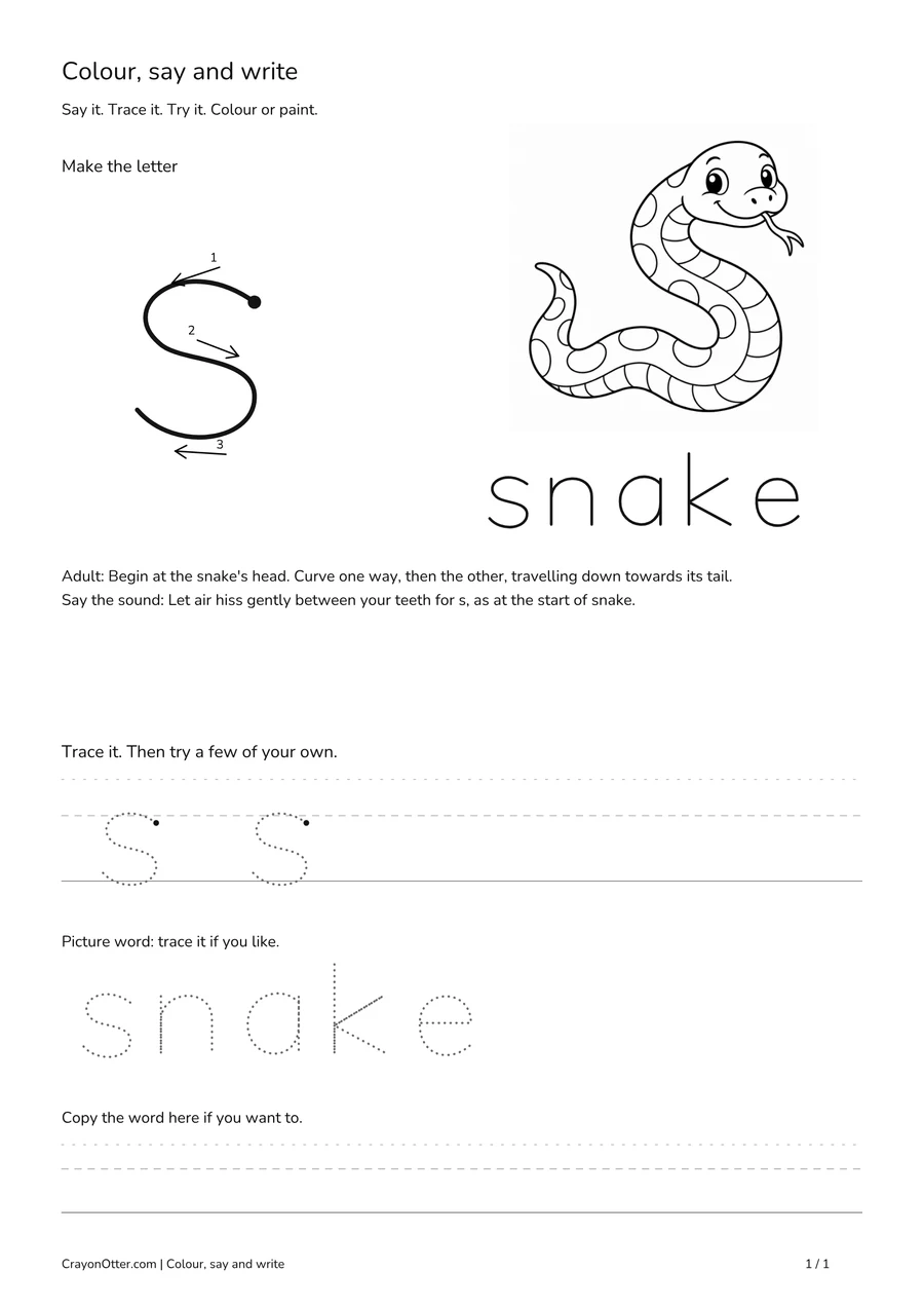 Lowercase s worksheet with a snake picture, movement model, tracing and writing guides.