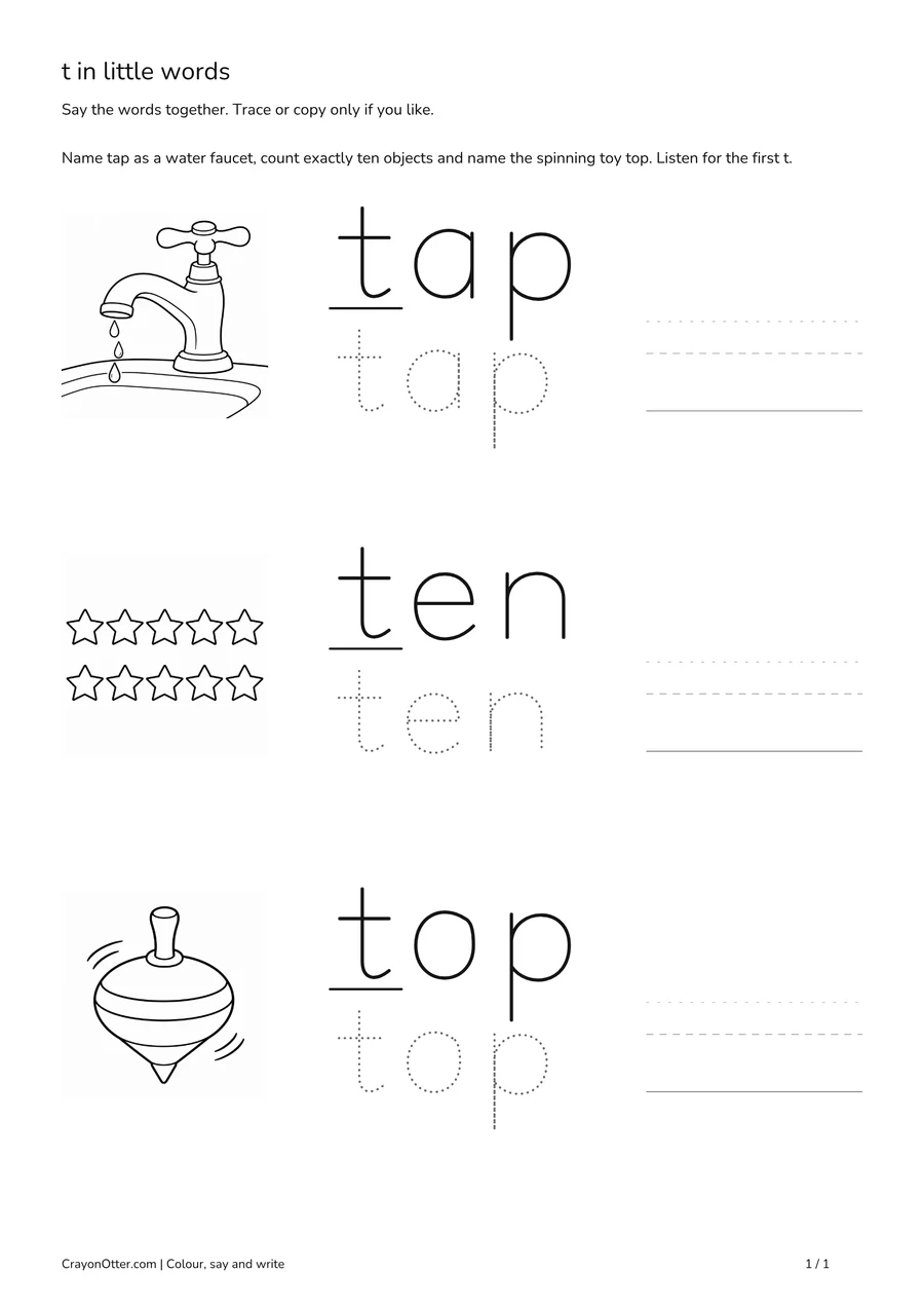 Water tap, ten stars in two rows of five and spinning toy top beside initial t words.