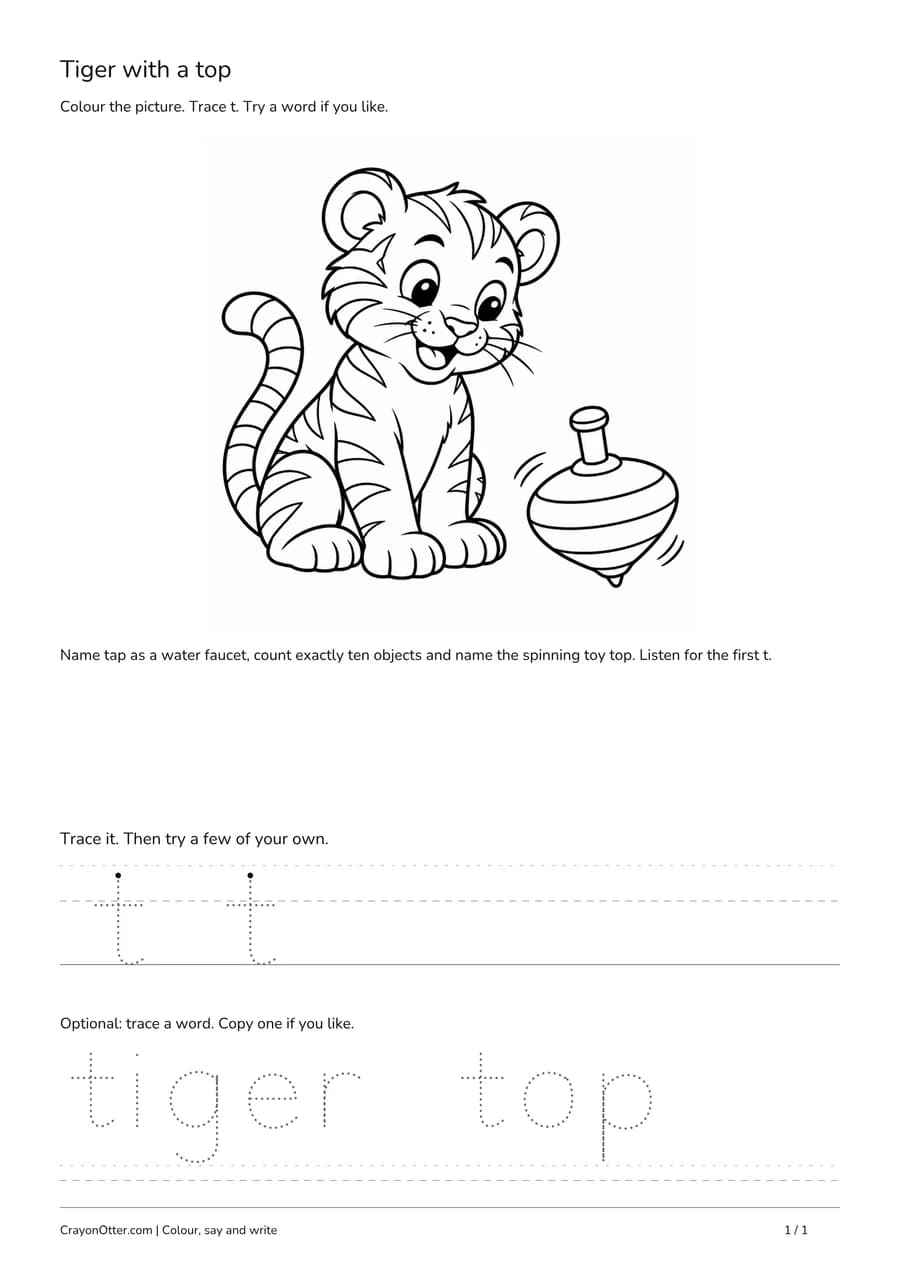 Striped tiger beside a spinning toy top with motion lines and lowercase t practice.