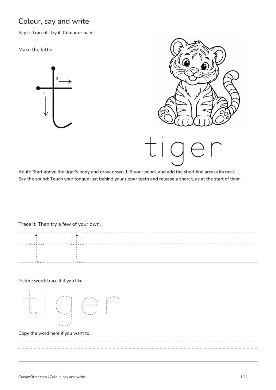 Lowercase t worksheet with a tiger picture, movement model, tracing and writing guides.