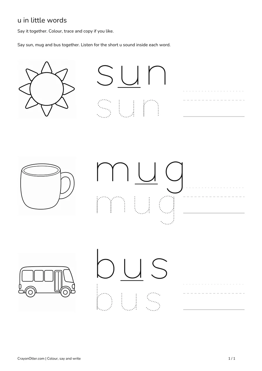 Sun, mug and bus pictures beside word models, tracing and optional copying space.