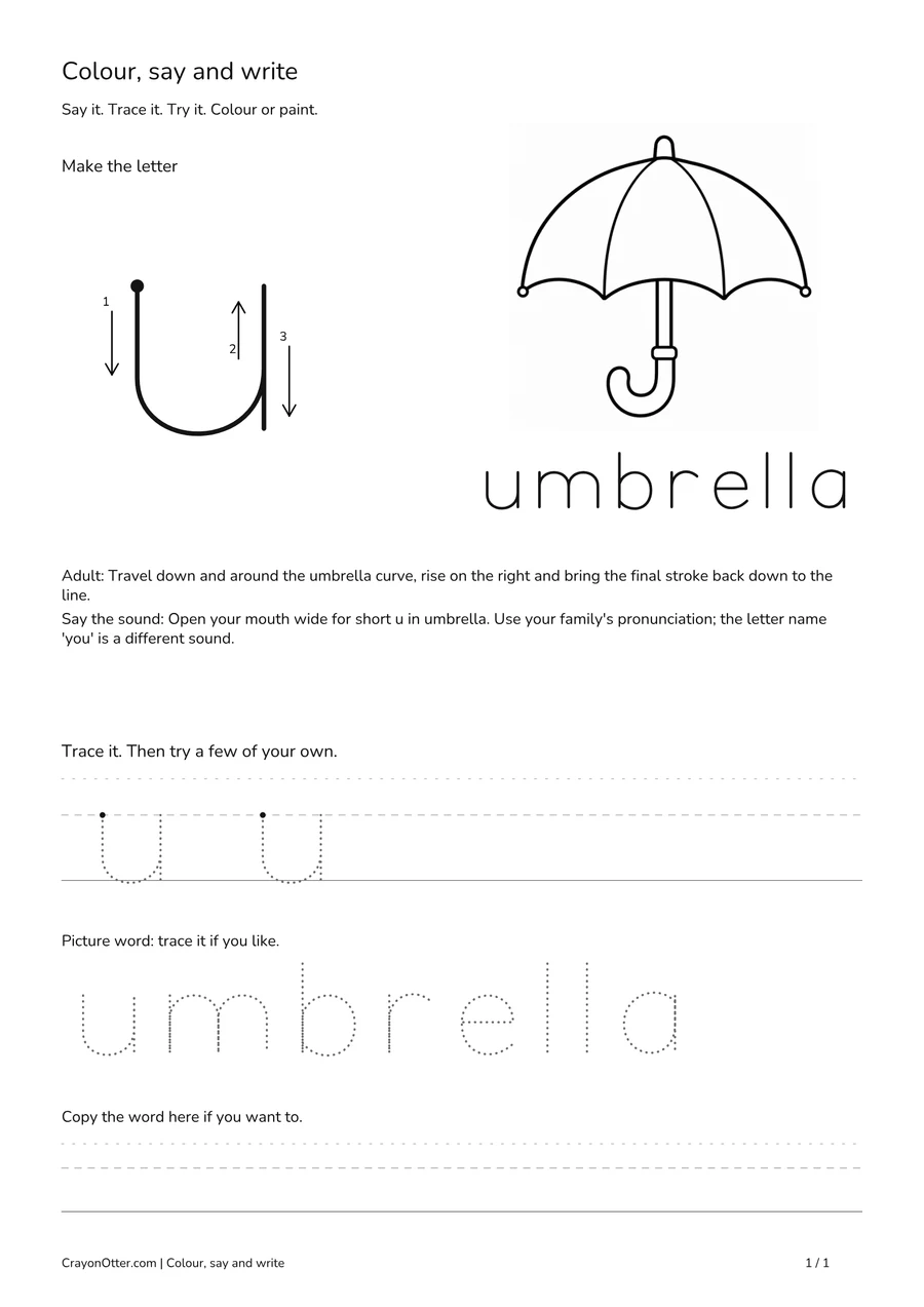 Lowercase u worksheet with an umbrella picture, movement model, tracing and writing guides.