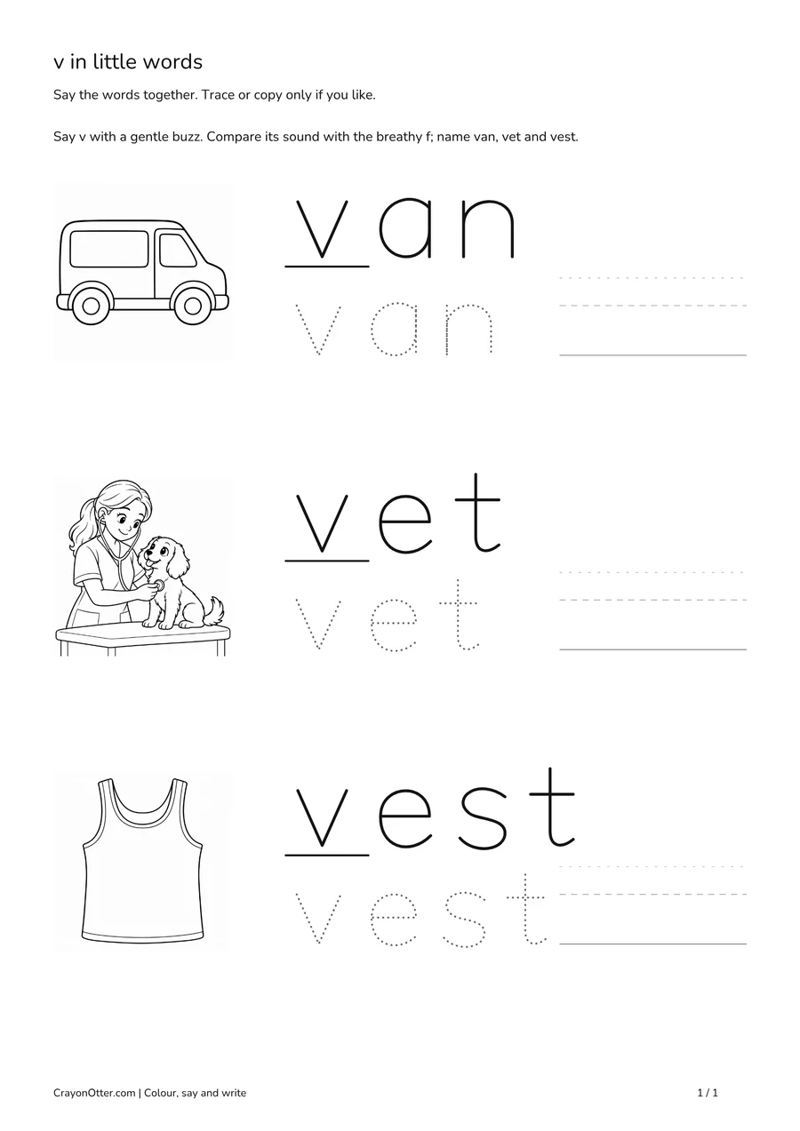 Van, vet and vest pictures beside initial v word models and optional tracing.