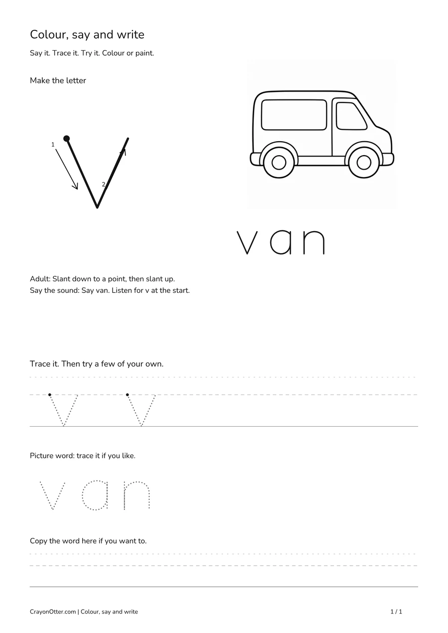 Lowercase v worksheet with a van picture, movement model, tracing and writing guides.