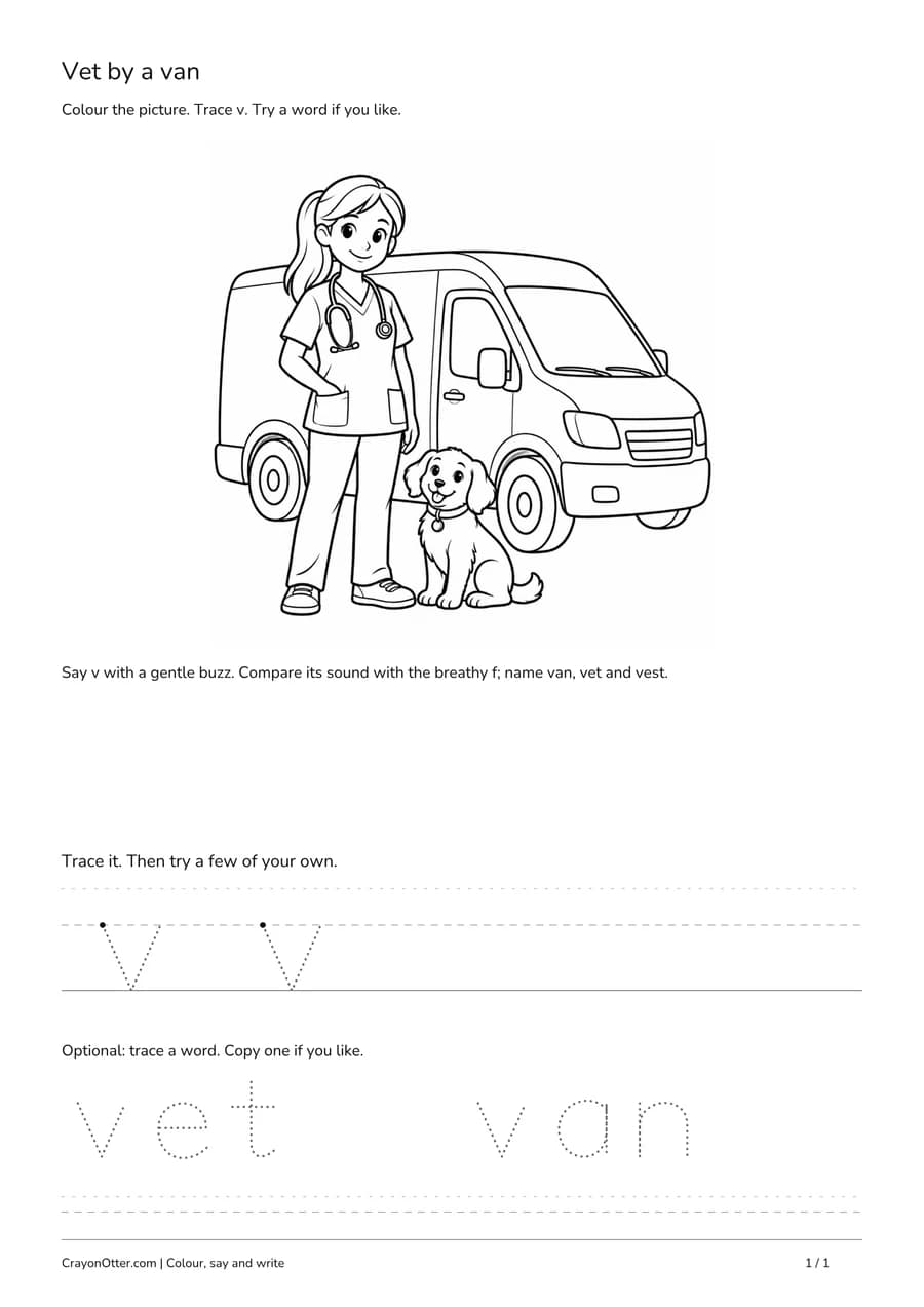 Vet beside a van, with lowercase v tracing and optional picture words.